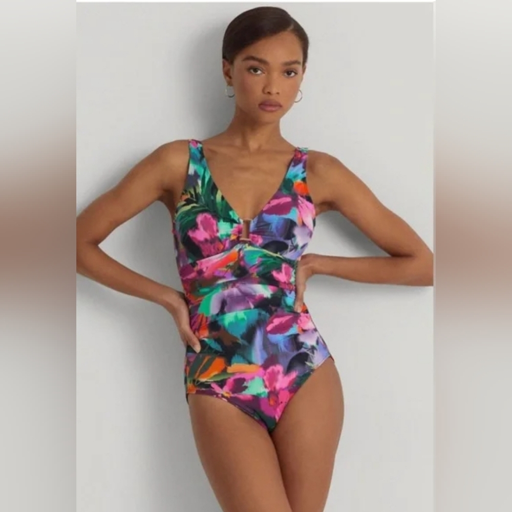 Lauren Ralph LaurenFloral Ruched One-Piece Swimsuit